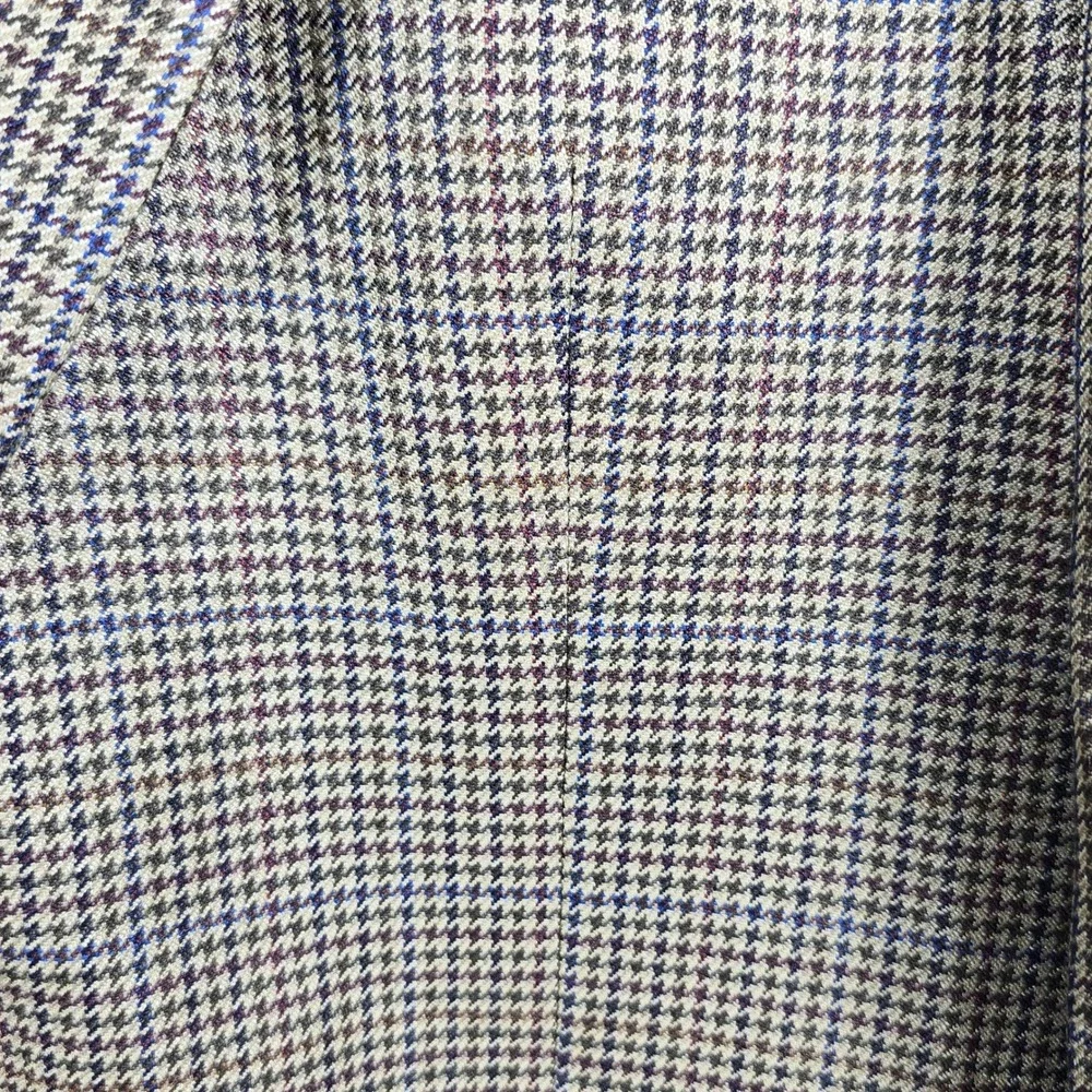 Chaps‎ Blazer Men 42R 100% Silk Houndstooth Beige Brown Blue 2 Button Academia